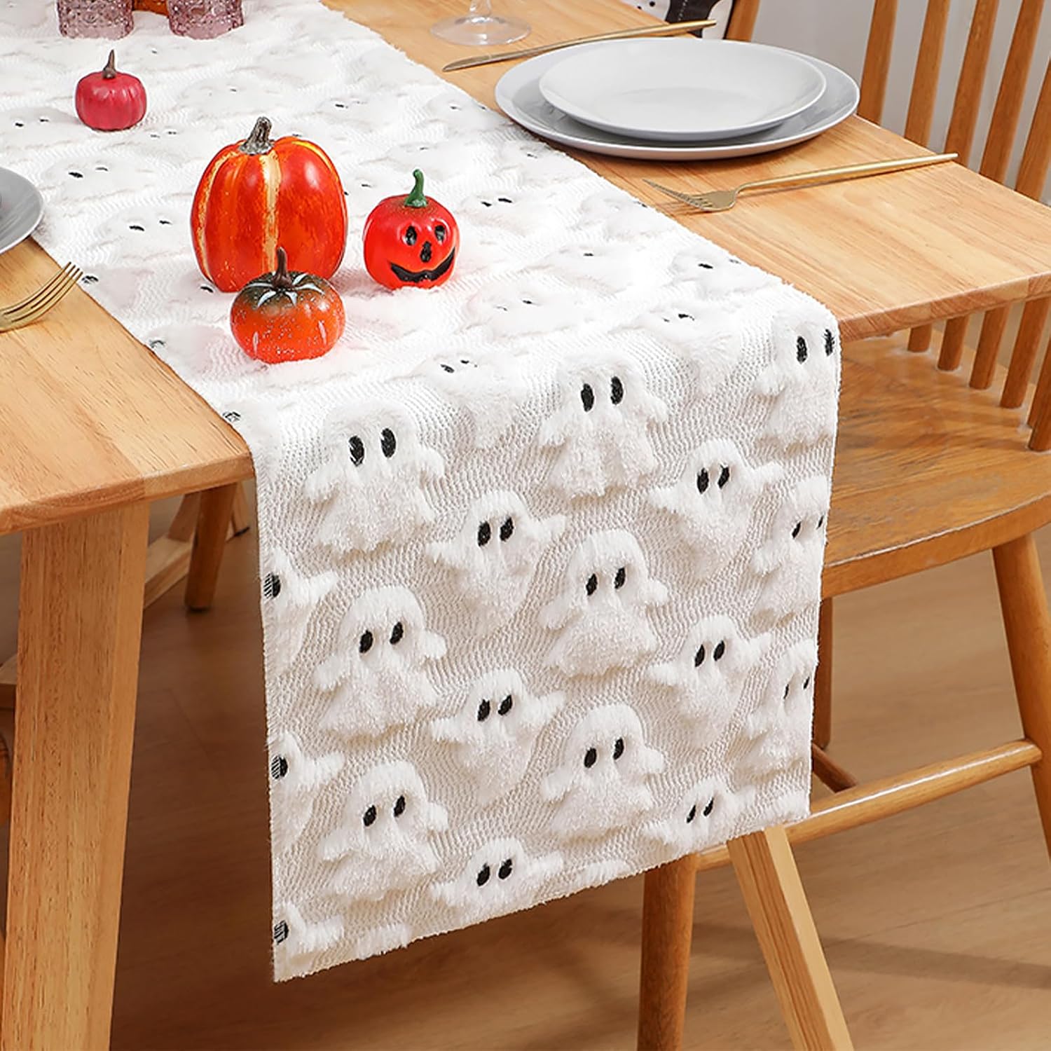 Halloween Ghost Dinner Table Runner, Seasonal Tablecloth for Halloween Home Kitchen Fall Autumn Party Indoor Decor, Decorative Soft Plush Placemats with Funny Ghost Pattern Jacquard - White (13x72'')