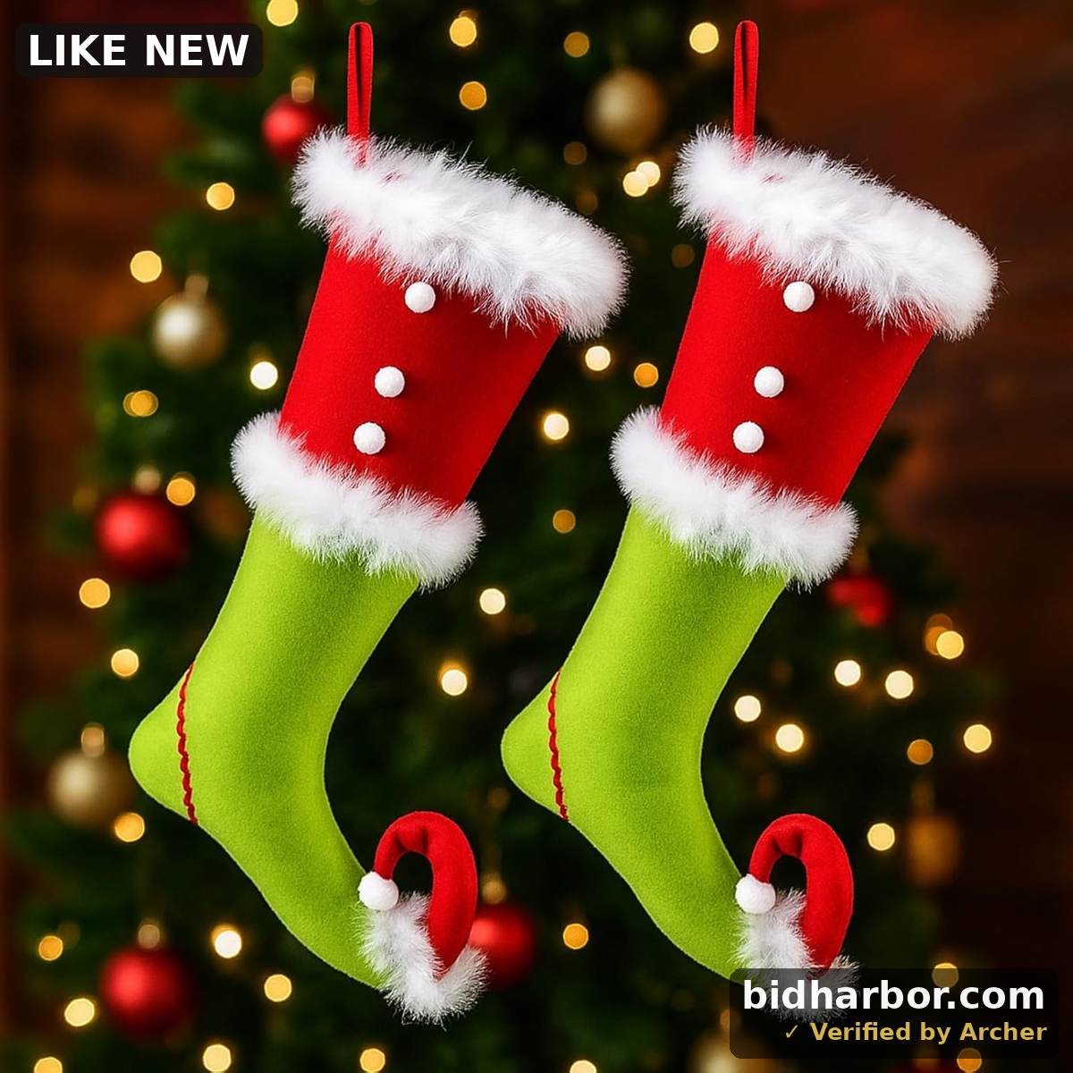 Cozypower 2 Pack 19.7" Green Stockings Christmas Ornament Faux Fur Xmas Hanging Elf Stockings with Tag Treat Bag Candy Pouch Holder Fireplace Decor for Xmas Family Party