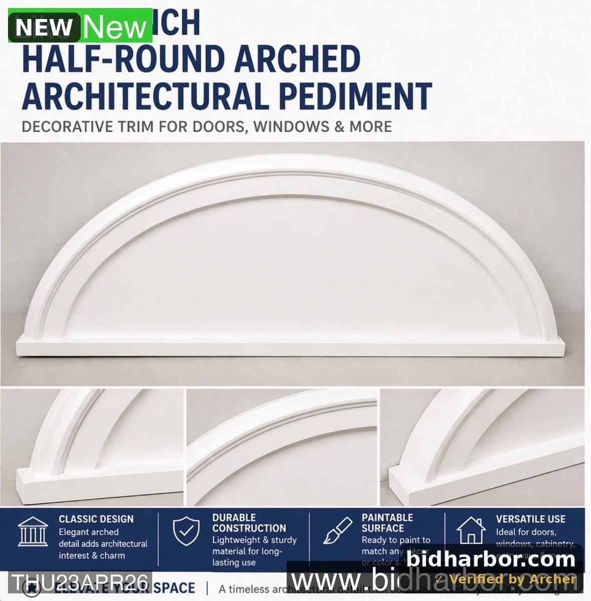 32 x 16 Inch Half-Round Architectural Pediment White Decorative Trim