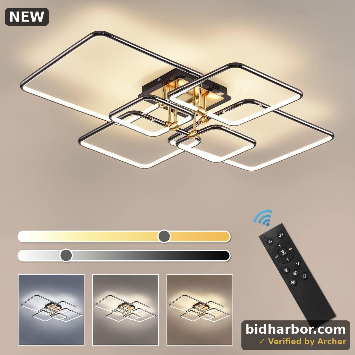 Modern LED Ceiling Light 90W Dimmable LED Ceiling Lamp with Remote Control 6 Squares Flush Mount Ceiling Light Black Ceiling Chandelier for Living Room Dining Room Bedroom Kitchen (6B04) - Non Pickup