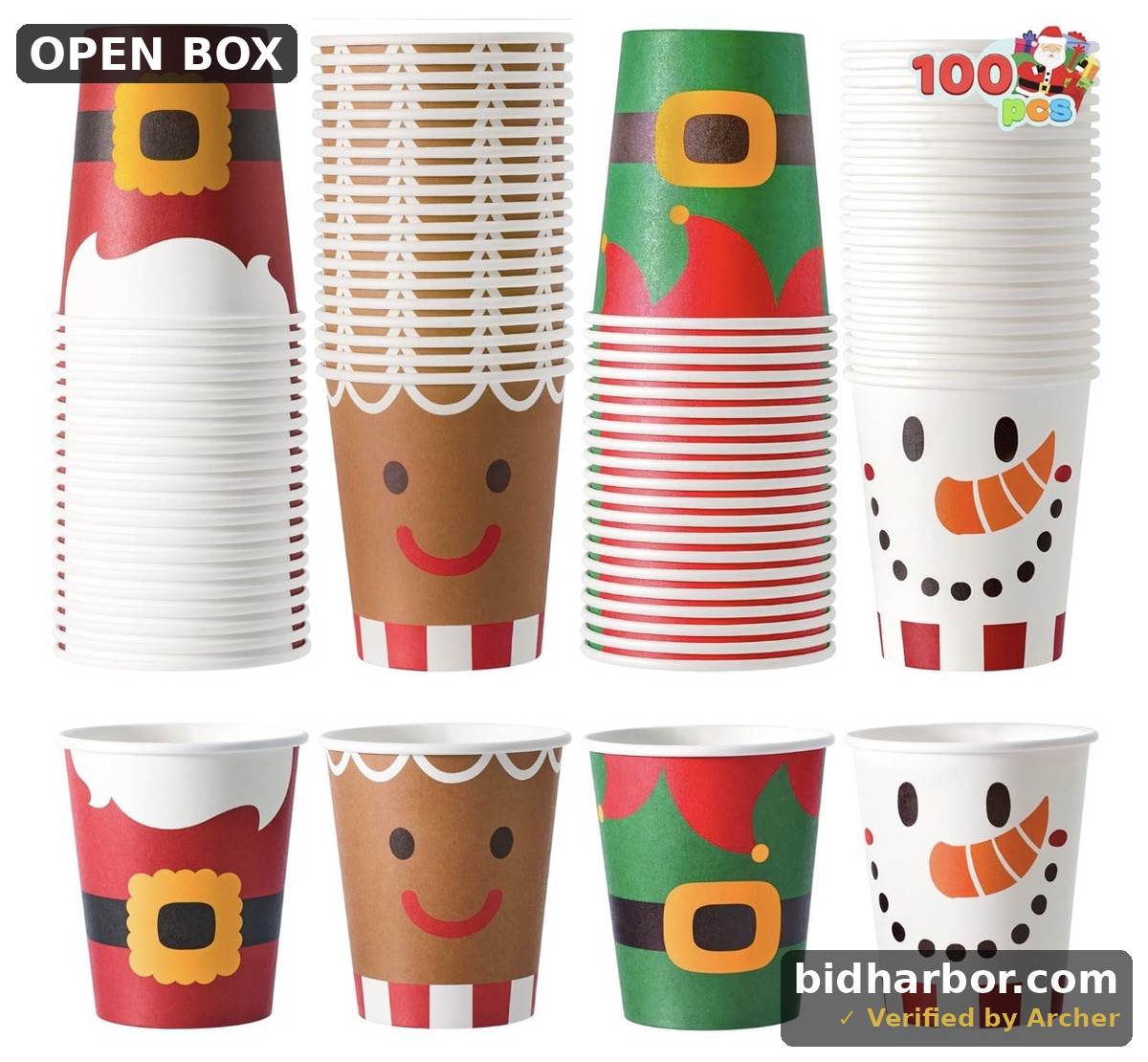 JOYIN 100PCS 9oz Christmas Disposable Paper Cups, Xmas Drinking Party Cups Bulk with Christmas Elements and Holiday atmosphere for Chocolate Coffee Cold Beverage Holiday Tableware Party Supplies - Colourful