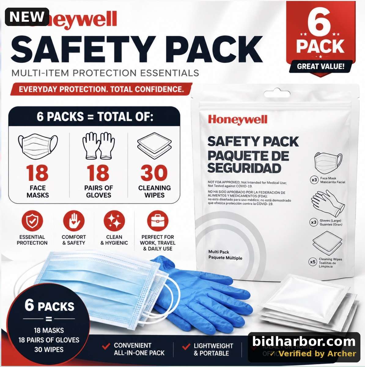 Lot of 6 Complete Safety Kits – Total of 18 Masks, 18 Gloves & 30 Cleaning Wipes — White