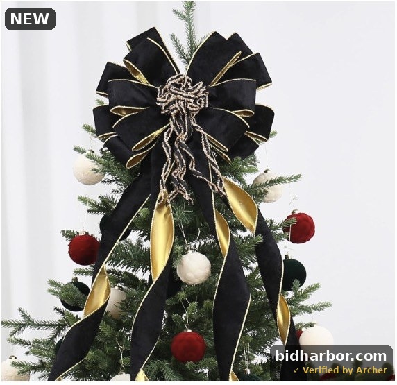 Black/Gold Velvet Christmas Tree Topper, 48x12 Inch Christmas Bow Tree Topper Decorations, for Xmas Holiday Home Indoor/Outdoor Wedding Thanksgiving Decor.