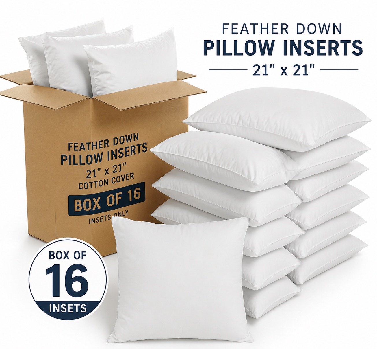 Box of 16 Feather Down Pillow Inserts – 21" x 21" Cotton Cover