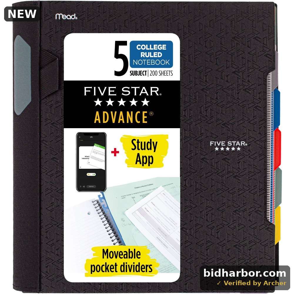 Five Star 200 Sheets 5 Subject College Ruled Spiral Notebook with Pocket Dividers Black: Lined Paper  3 Hole Punched