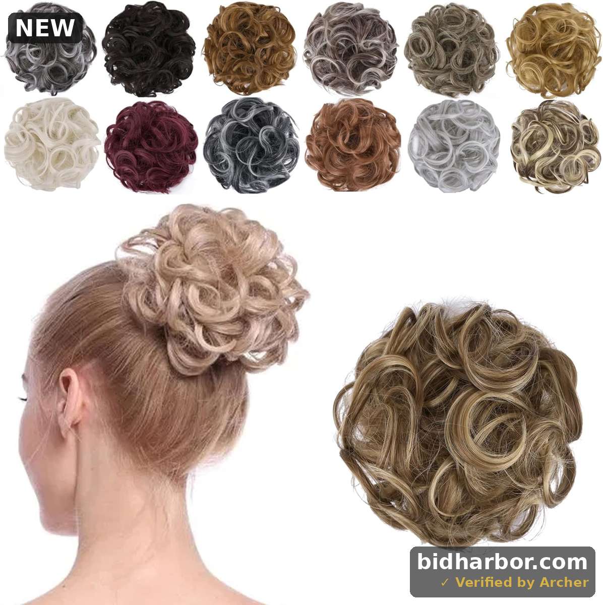 Messy Bun Hair Piece for Women, Thick Curly Hair Bun Scrunchies Synthetic Wavy Bun Hair Extensions Chignon Ponytail Updo Hairpieces Golden Brown Mixed -#60