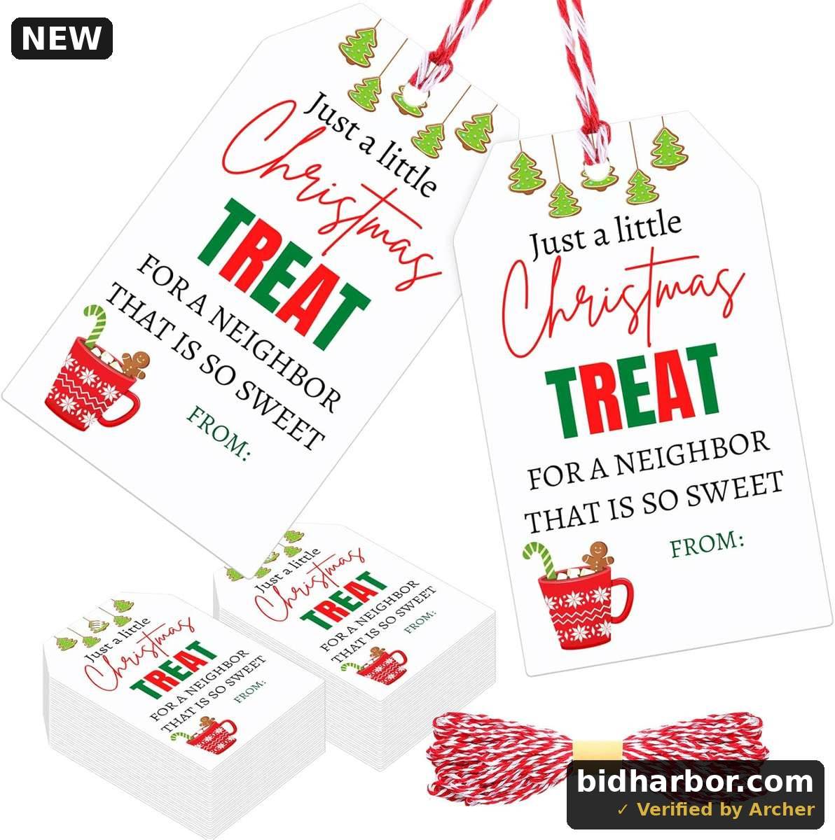 120 Pcs Christmas Hot Cocoa Tags for Neighbor, Paper Xmas Treat Sweet Tag for Neighbor with Rope Bulk for Cookie Labels Presents Boxes Decor