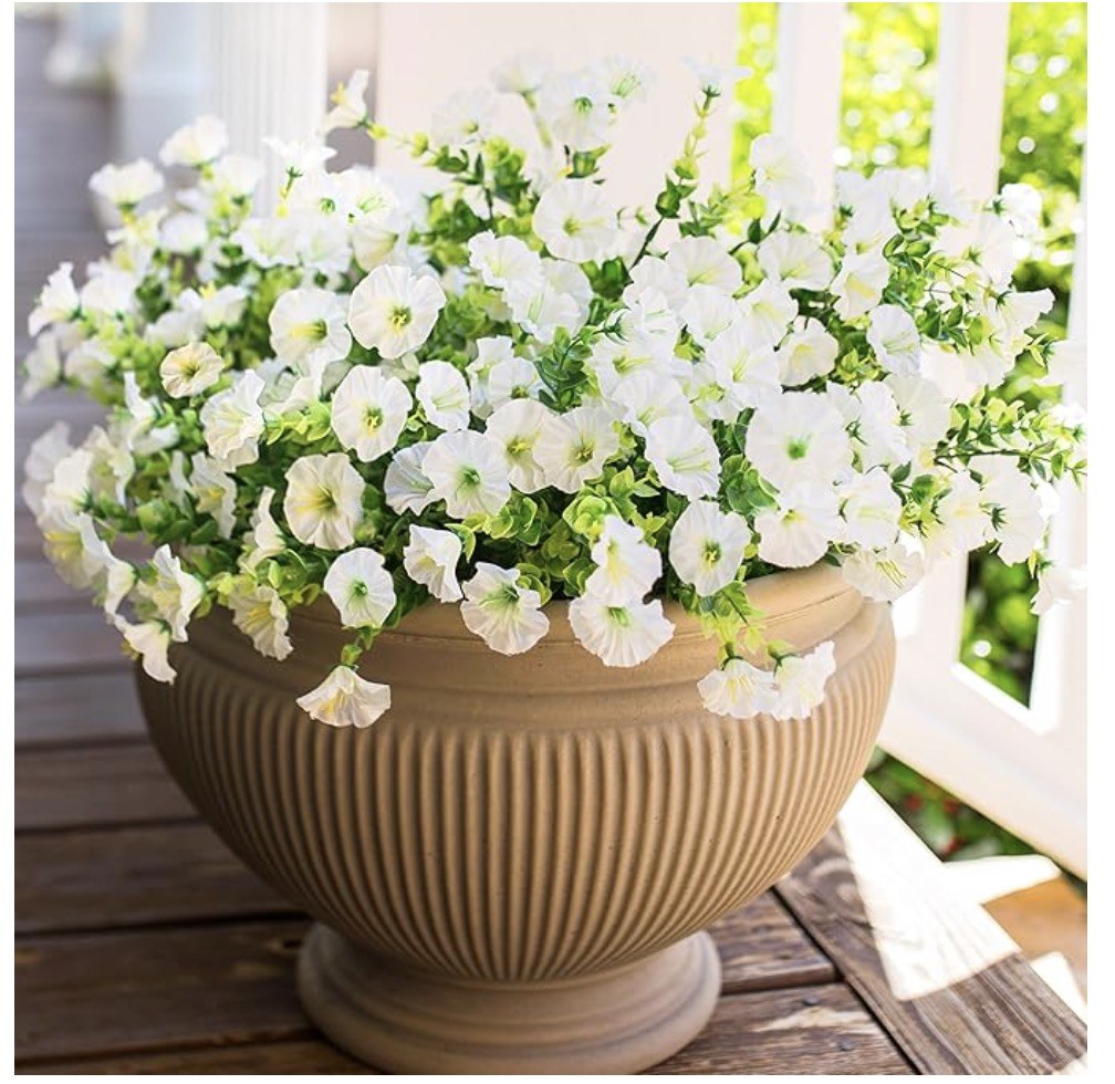 Artificial Flowers Fake Plants for Outdoors Decoration, 12 Bundles Silk Morning Glory with Eucalyptus Realistic UV Resistant Faux Flowers for Outside Planter Porch Yard Patio Garden Home Indoor, Mix