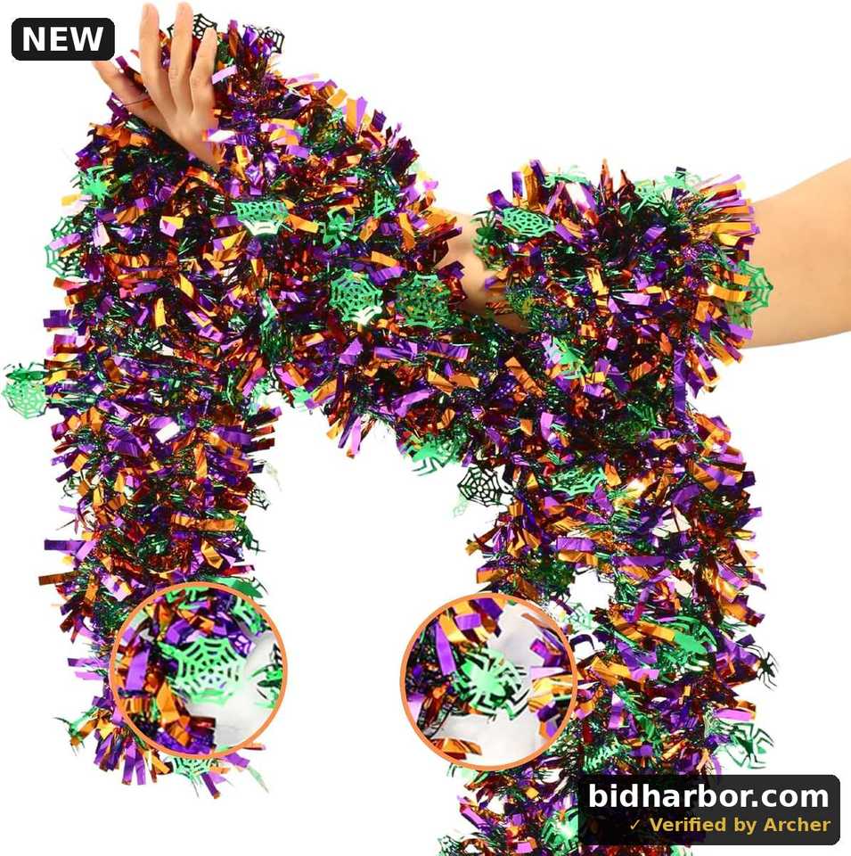 33 FT Halloween Tinsel Garland Decorations,Orange Purple Green Halloween Garland with Spider,Spider Web Shiny Metallic Garlands for Indoor Outdoor Decorations