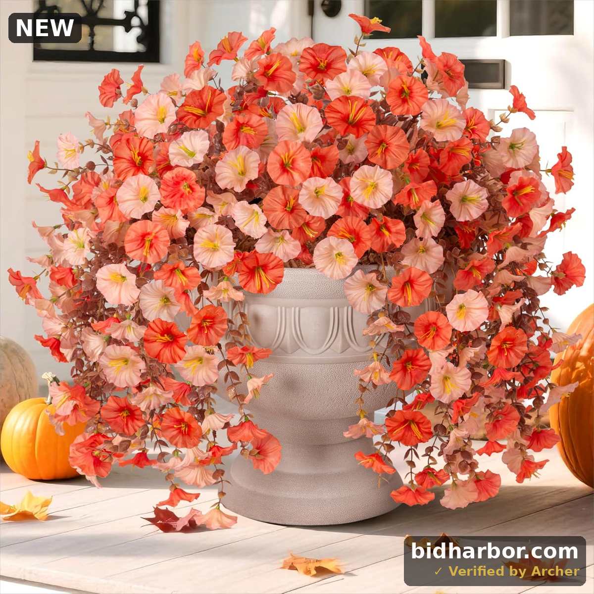 Artificial Faux Mums Fall Flowers for Outdoor Outside Decoration, 2 PCS Fake Hanging Flowers Silk Morning Glory Plants with Eucalyptus for Home Garden Decor