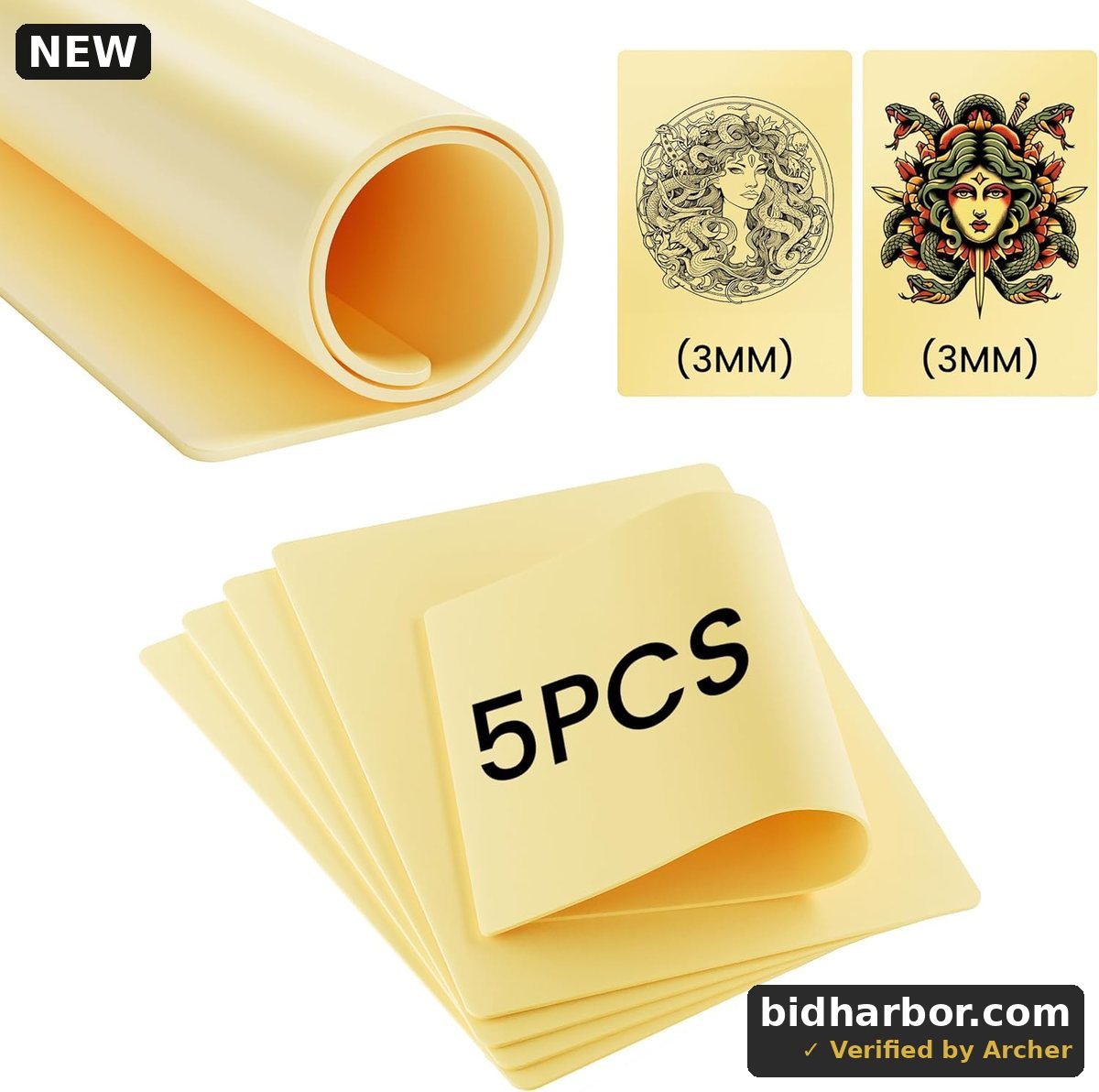 Phomemo 3MM Blank Tattoo Fake Skin, 5Pcs Double Sides Fake Tattoo Skins for Tattooing & Microblading Eyebrow Practice, 12" x 8" Soft Tattoo Practice Skins for Tattoo Beginners & Artists, Tattoo Supply