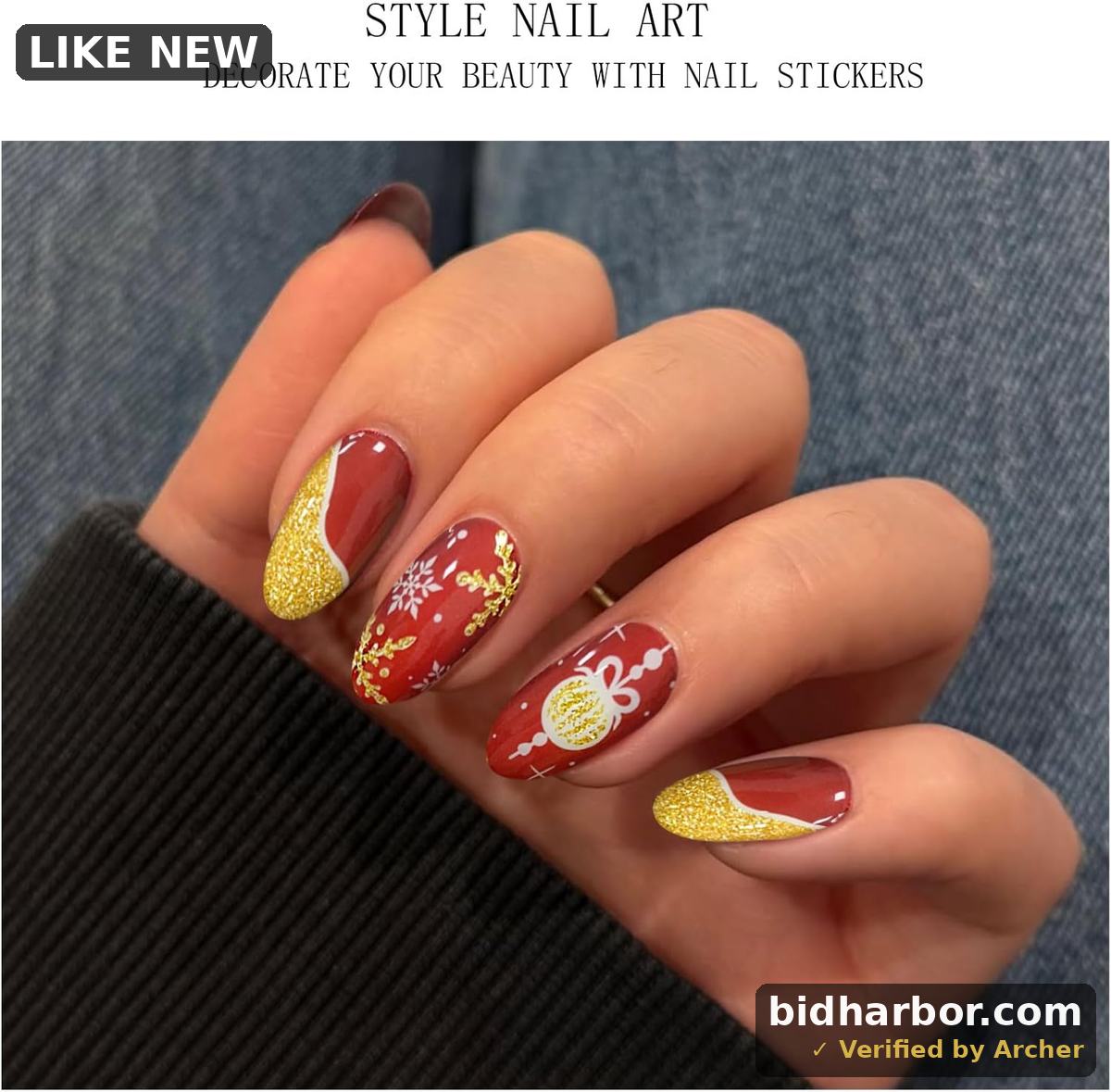 Gel Nail Stickers Christmas Snowflake Glitter Red Semi Cured Gel Nail Strips Wraps UV/LED Nails Art Design Decoration Accessories