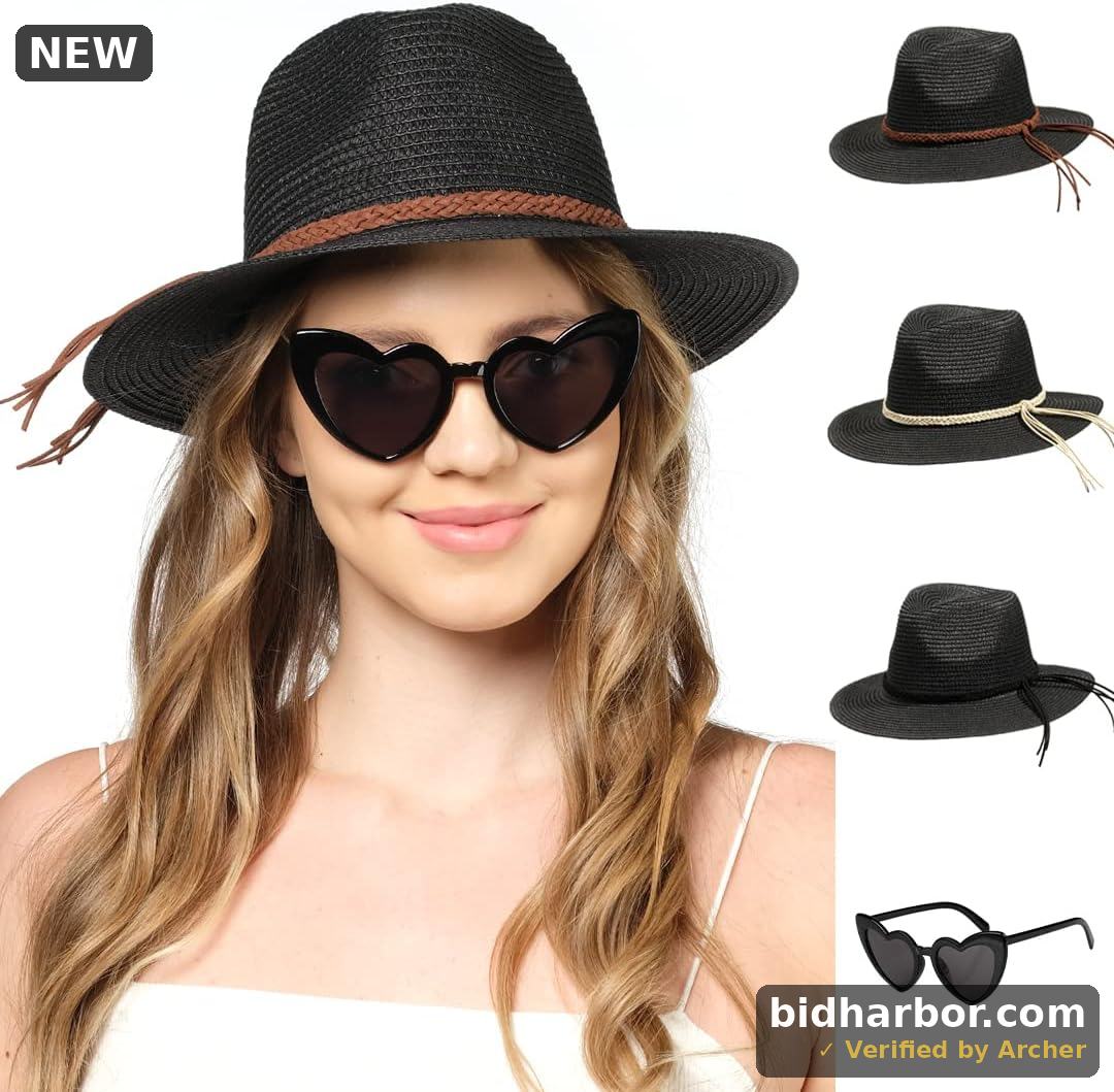 Funcredible Black Fedora Hat - Beach Hats for Women - Straw Hats with Bow and Heart Shape Glasses - Packable Panama Hat for Women - Fedora Sun Hat