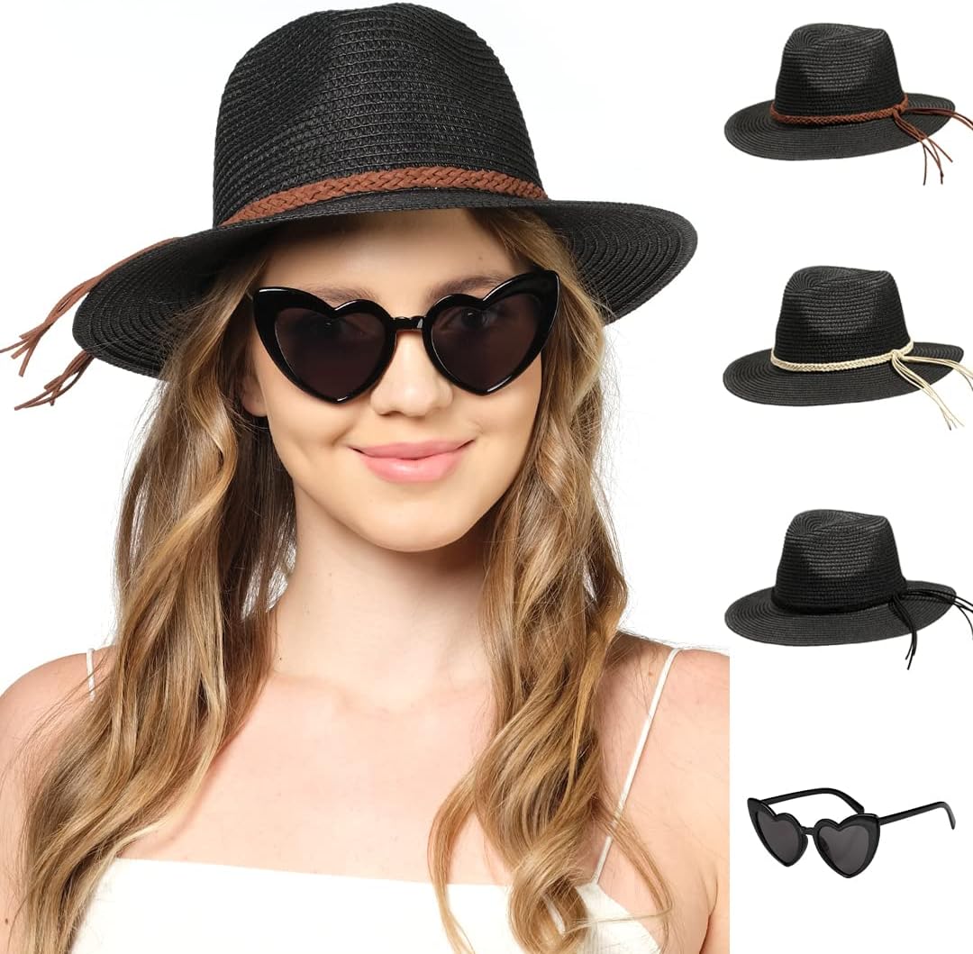 Funcredible Black Fedora Hat - Beach Hats for Women - Straw Hats with Bow and Heart Shape Glasses - Packable Panama Hat for Women - Fedora Sun Hat