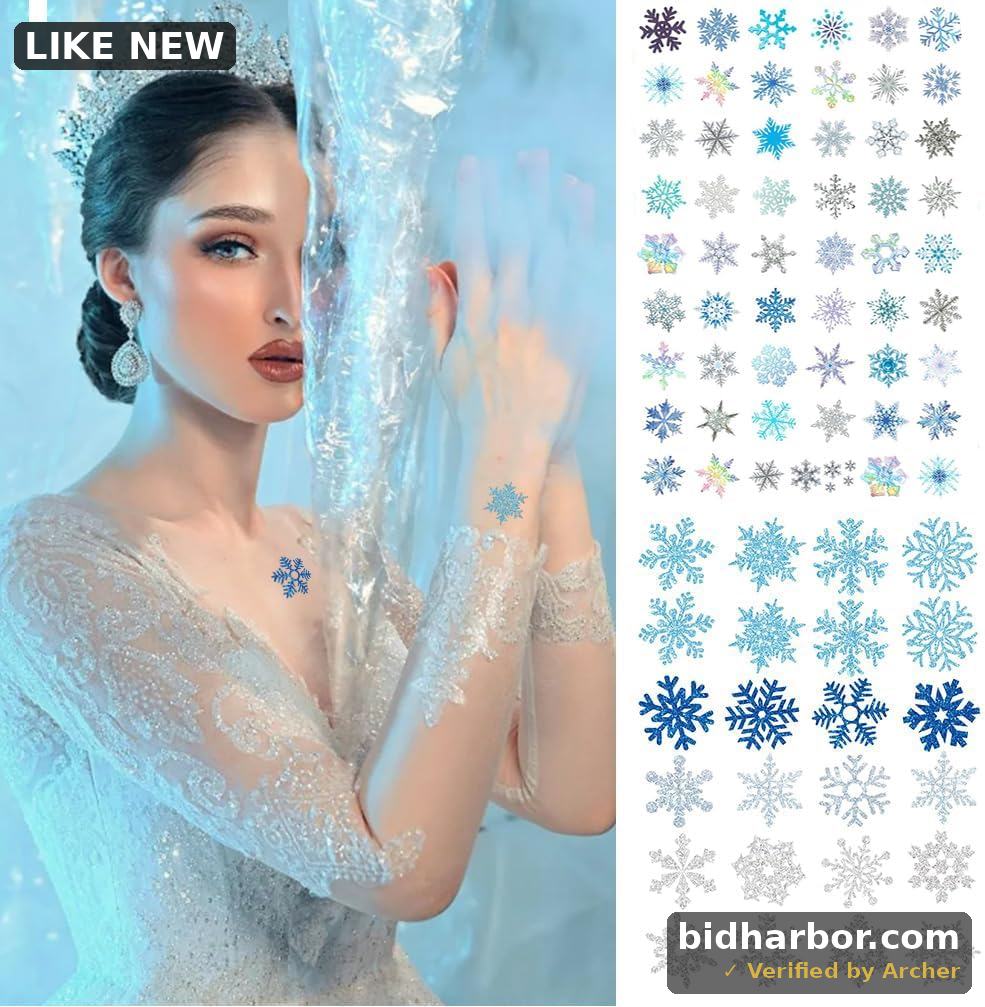 Glitter Snowflake Temporary Tattoos, 79 PCS Winter Snowflake Sticker Tattoo Cute Apparel Accessories for Body Face Kids Women Party Favors (Multicolor) 4 Large Sheets