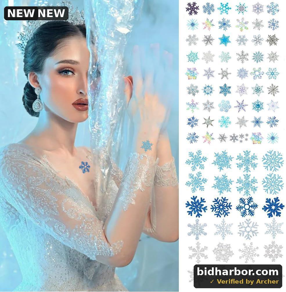 Glitter Snowflake Temporary Tattoos, 79 PCS Winter Snowflake Sticker Tattoo Cute Apparel Accessories for Body Face Kids Women Party Favors (Multicolor) 4 Large Sheets