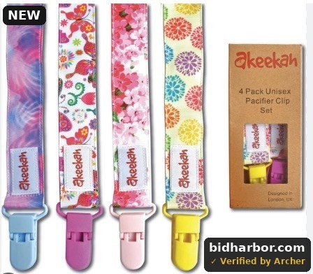 Baby Pacifier Clip Girl by Akeekah | 4 Pack | Luxury Eco-Friendly Gift Box | Soothie Pacifier Holder & Binky Clip with Awesome Colorful Designs | Safe BPA Free & Washable Plastic Paci Clips | Easy Use