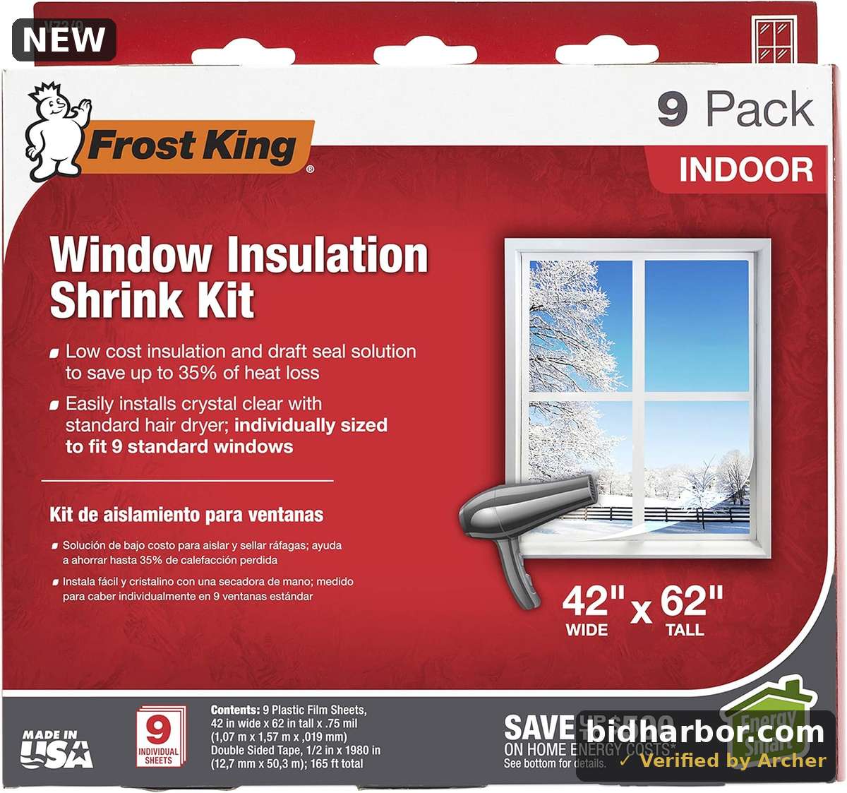 Frost King V73/9H Indoor Shrink Window Kit 42 62-Inch, Clear, 9-Pack