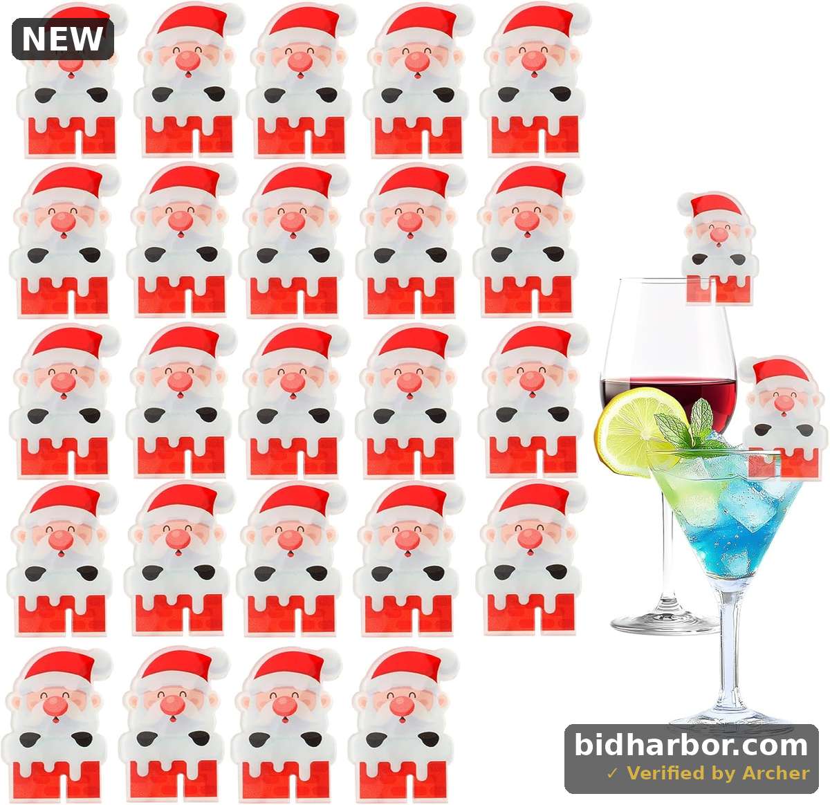 Christmas Wine Glass Markers, Set of 24 Washable Santa Claus Drink Charms for Stem Glasses