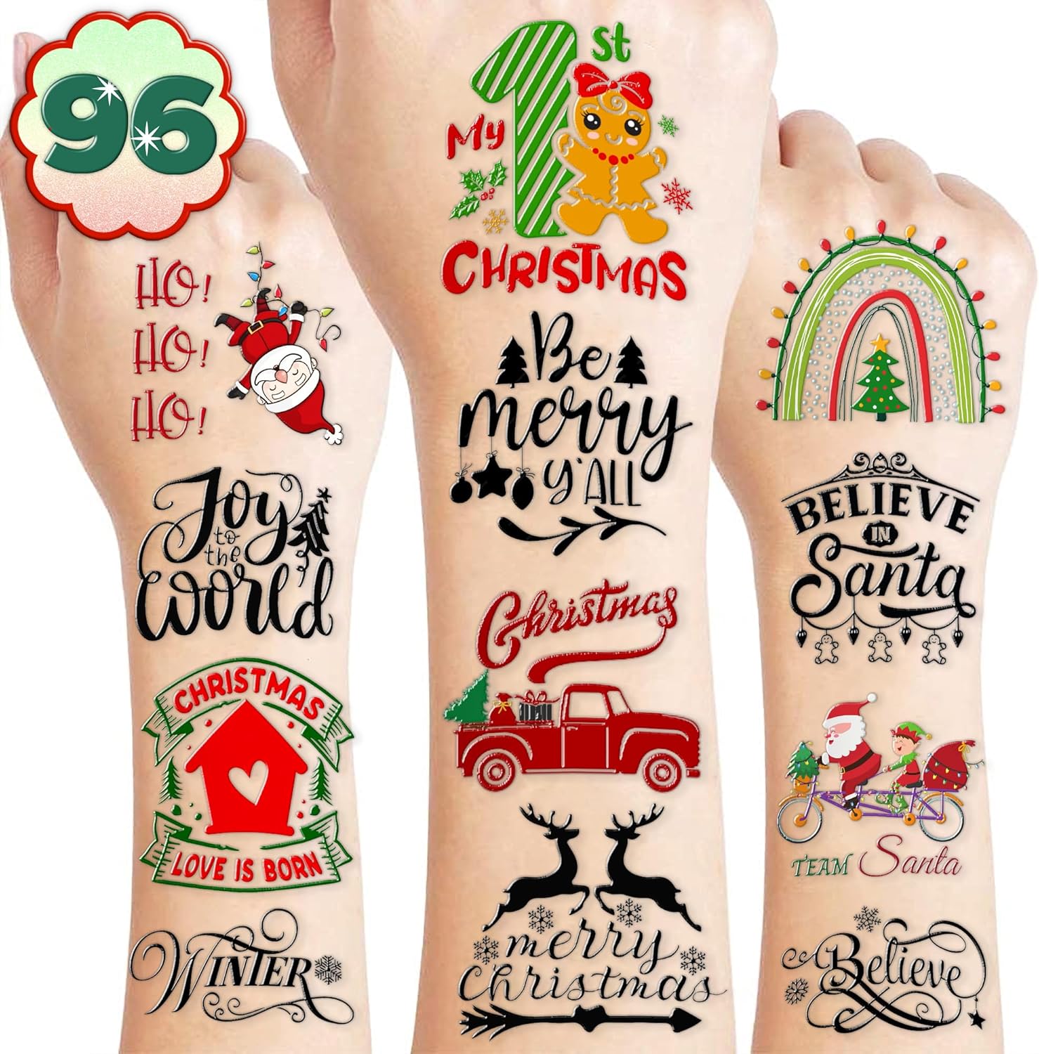 100PCS Cute Temporary Tattoos - Christmas Bless Saying, Inspired Holiday Letter Greeting Stickers for Adults & Kids