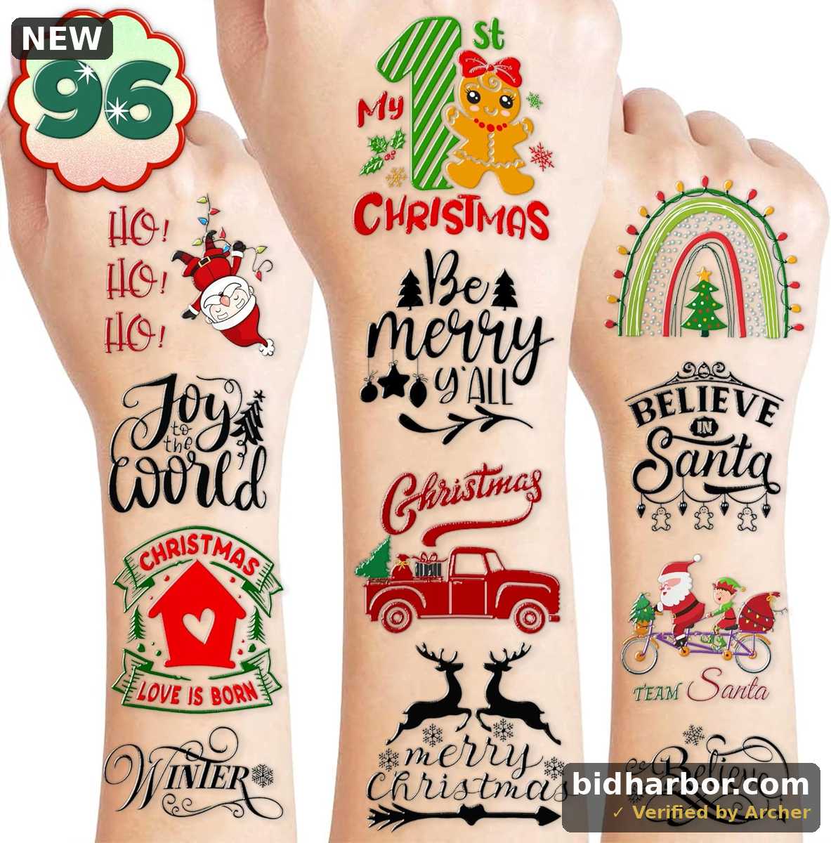 100PCS Cute Temporary Tattoos - Christmas Bless Saying, Inspired Holiday Letter Greeting Stickers for Adults & Kids
