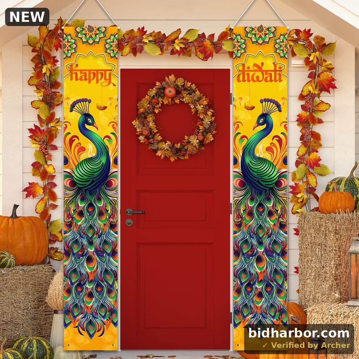 Happy Diwali Porch Banner - 12 x 71 in Indian Peacock Front Porch for Yard Indoor Outdoor Decor (Yellow)