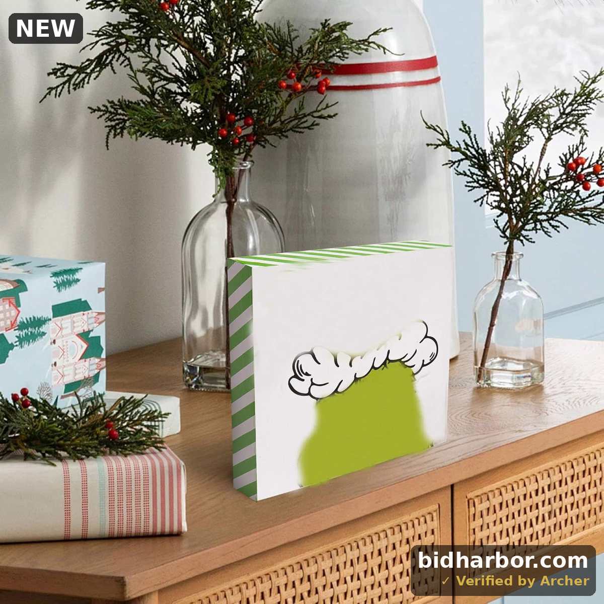 Christmas Box Sign Decorations 5"x5", Green Wooden Box Signs Indoor Square Block Artwork for Home Table Shelf Office Decor Winter Sign Plaque (Green1)