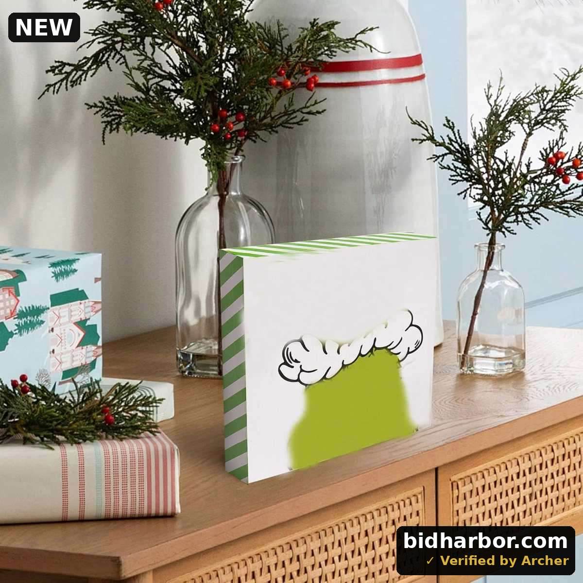 Christmas Box Sign Decorations 5"x5", Green Wooden Box Signs Indoor Square Block Artwork for Home Table Shelf Office Decor Winter Sign Plaque (Green1)