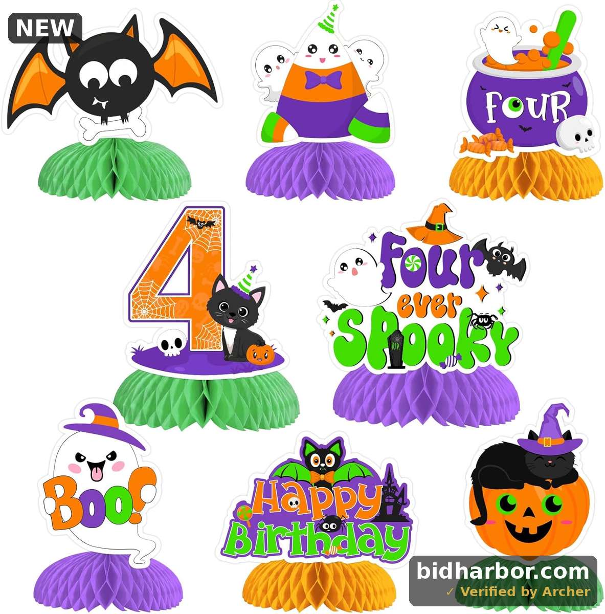 Four Ever Spooky Halloween 4th Birthday Party Decorations, 8-Piece Honeycomb Centerpiece Set