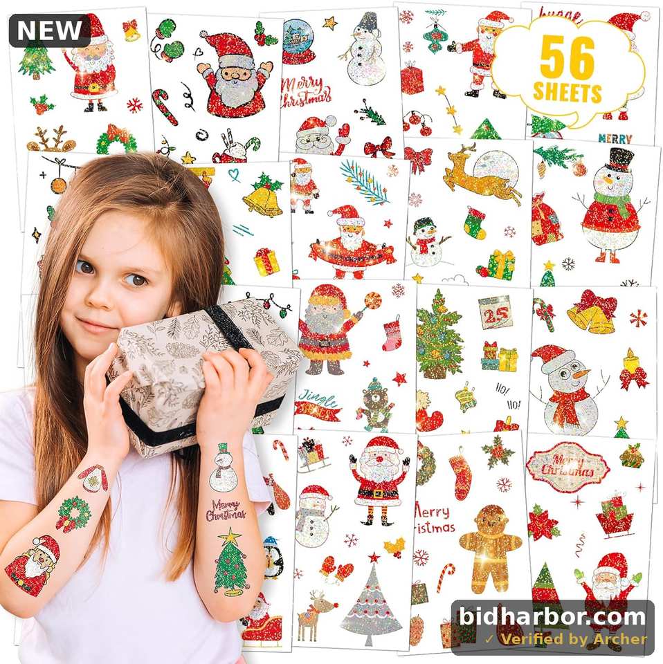 616 Pcs (56 Sheets) Christmas Temporary Tattoos for Kids, Fake Tattoo Stickers for Stocking Stuffers, Merry Christmas Decorations Tattoos Holiday Birthday Party Favors (Glitter)