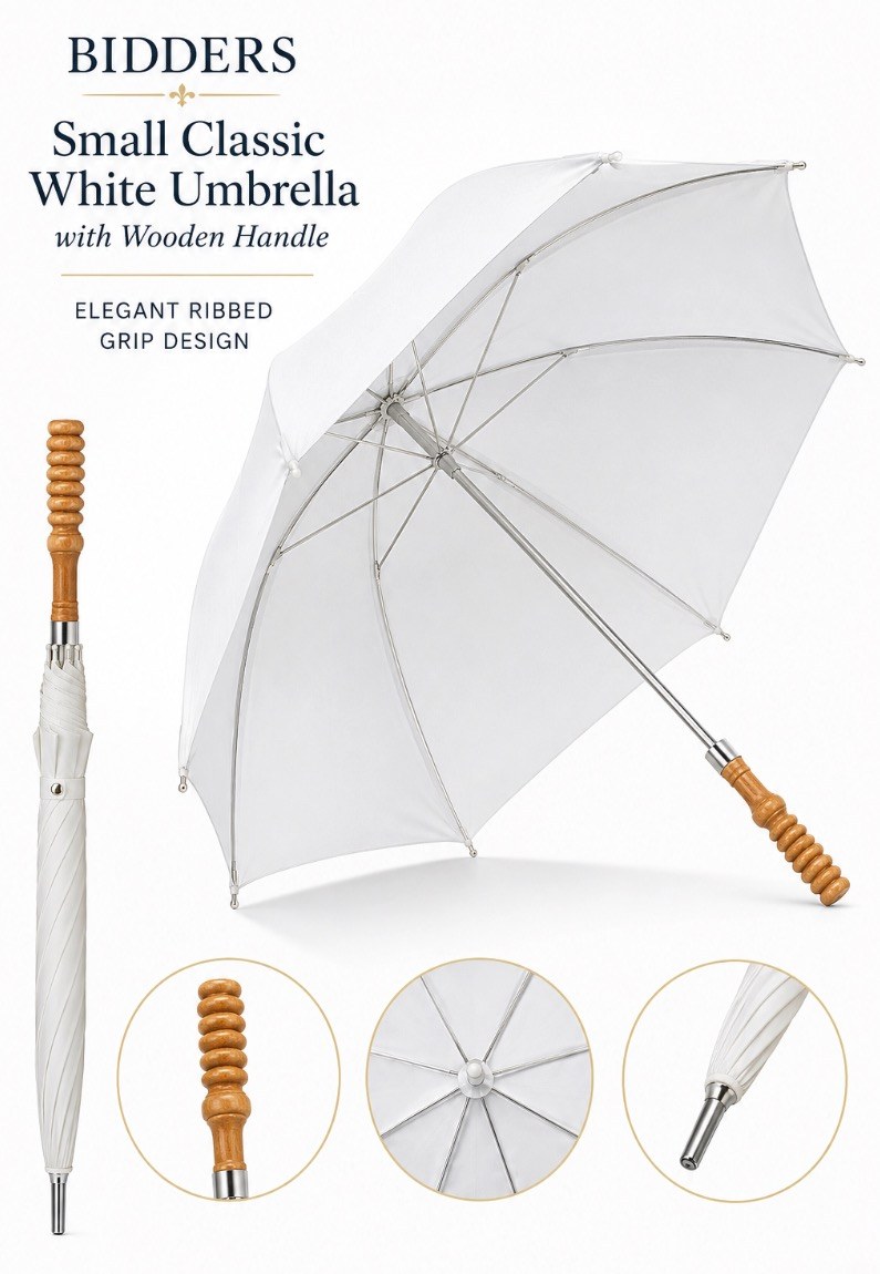 Small Classic White Umbrella with Wooden Handle – Elegant Ribbed Grip Design