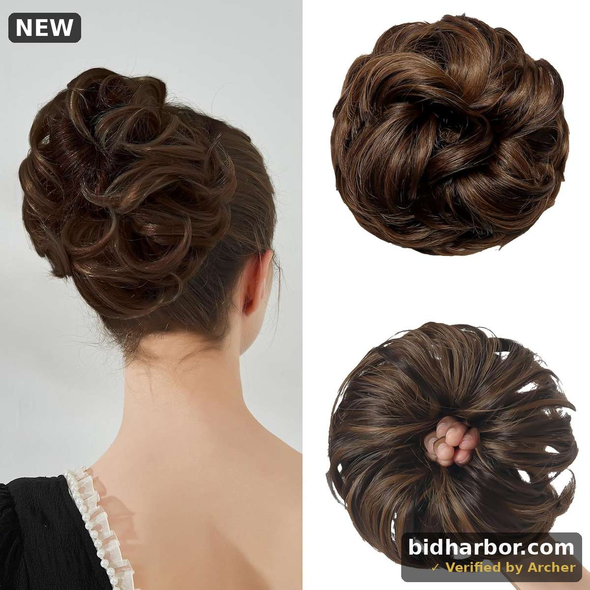Large Messy Bun Hair Piece Curly Synthetic Extensions Scrunchies Fake Chignon Updo Hairpieces for Women Dark Brown Highlights