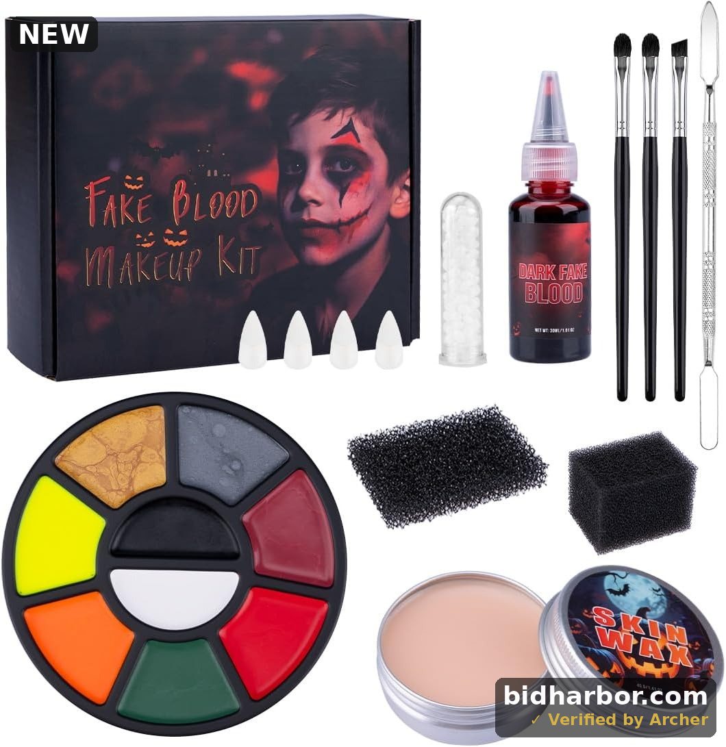 Halloween SFX Makeup Kit - 9 Colors Face Body Painting Kit+3 Pcs Artist Brushes+Scar Wax with Spatula Tool+ Fake Blood Splatter Spray+4 Pcs Fake Teeth+0.2oz False Teeth Beads+2 Pcs Stipple Spong