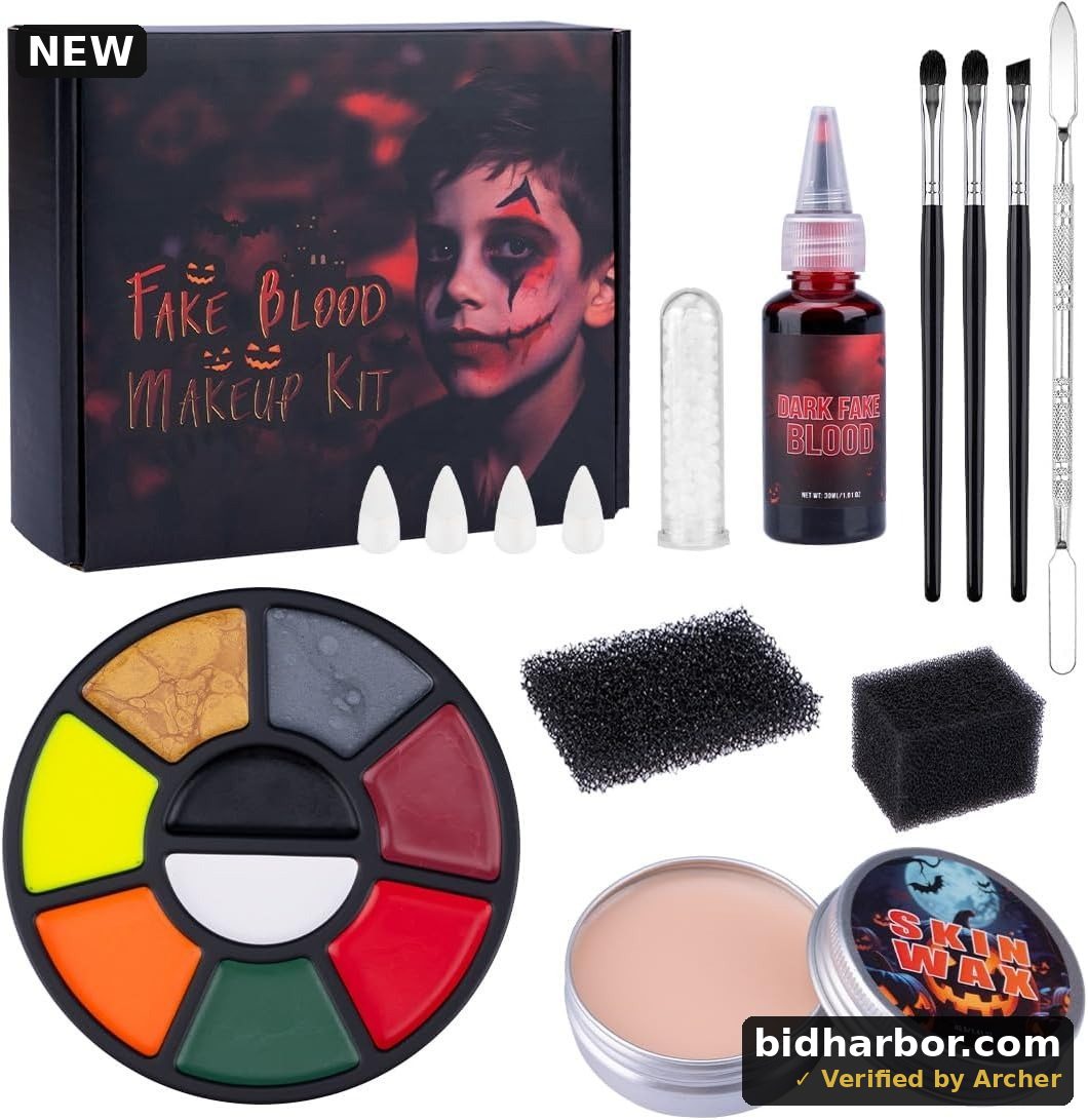 Halloween SFX Makeup Kit - 9 Colors Face Body Painting Kit+3 Pcs Artist Brushes+Scar Wax with Spatula Tool+ Fake Blood Splatter Spray+4 Pcs Fake Teeth+0.2oz False Teeth Beads+2 Pcs Stipple Spong