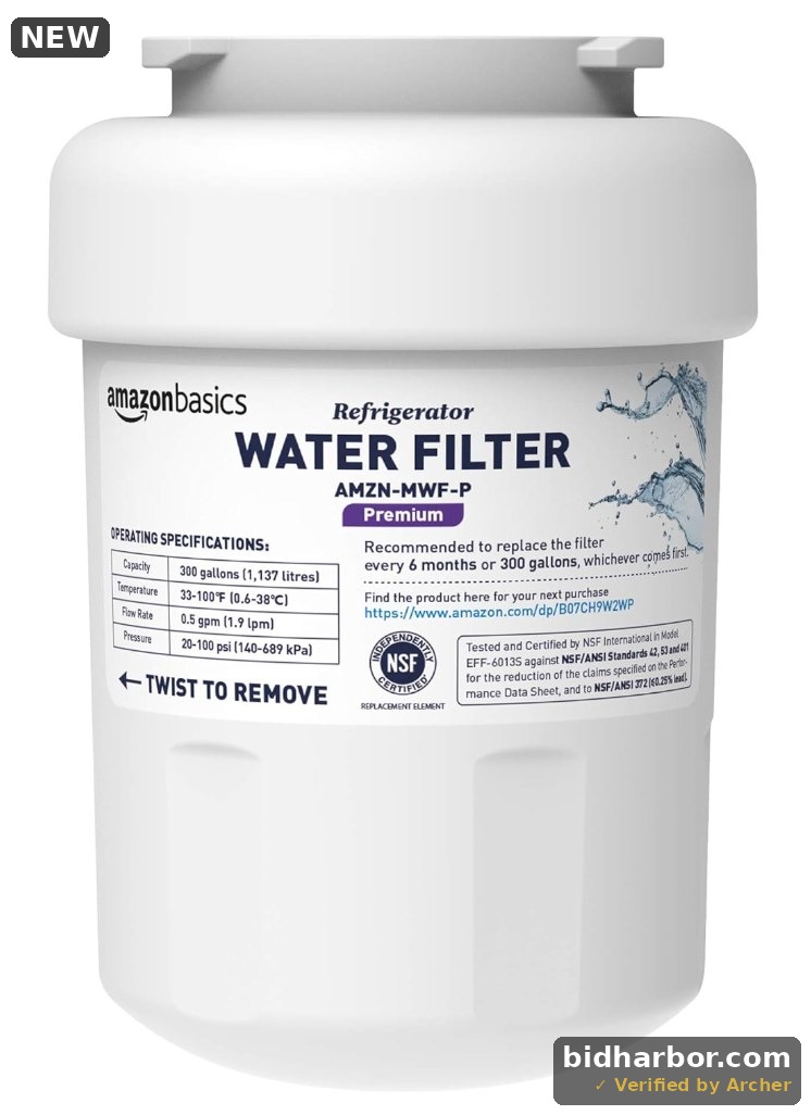 Amazon Basics Replacement Water Filter Cartridge Compatible with GE MWF Refrigerator, Easy to Install, NSF/ANSI 42 Certified, Reduces Lead, 1-Pack — Pack of 1