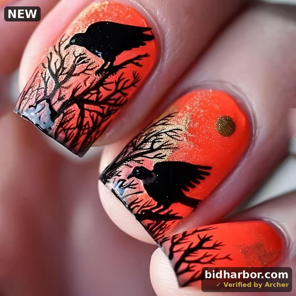 Halloween Press on Nails Medium Square Fake Nails Orange False Nails with Forest Crow Raven Sun Designs Full Cover Acrylic Nail Glossy Glue on Nail for Women Girls 24Pcs