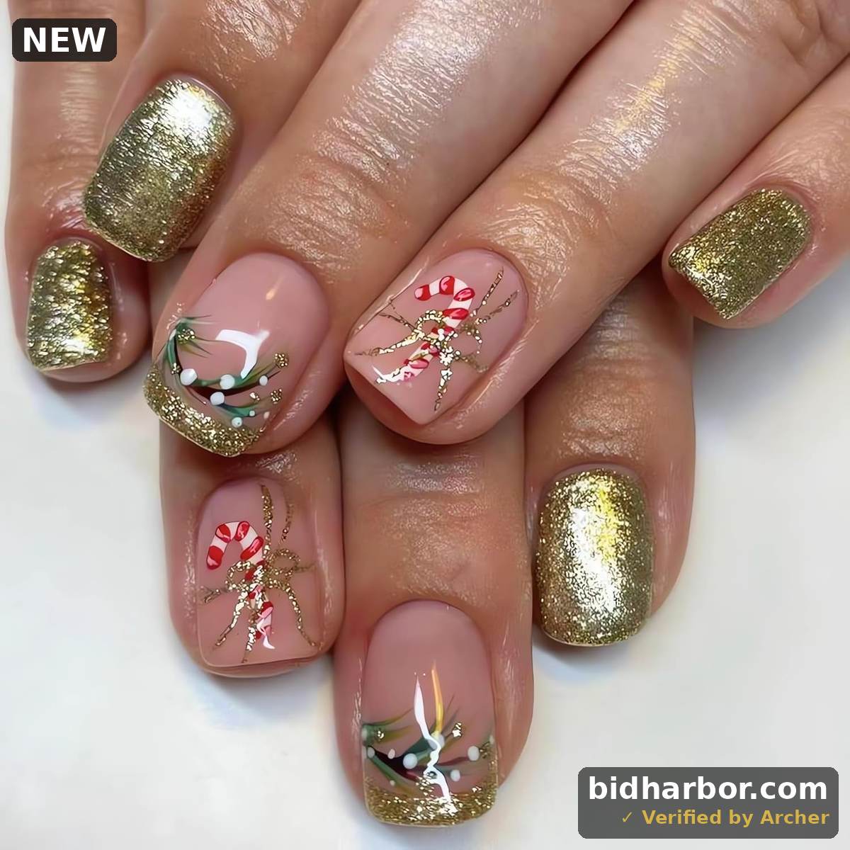 Christmas Press on Nails Short Square Gold False Nails Christmas French Tip Fake Nails with Candy Cane Design Glitter Golden Artificial Nails Short Acrylic Glue on Nails Xmas Stick on Nails for Women