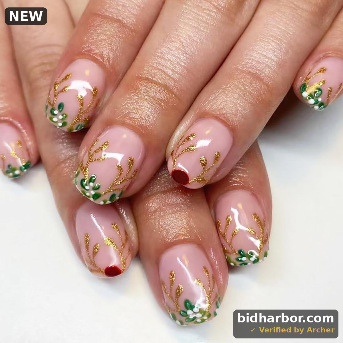 Christmas Elk Press on Nails Short Square Fake Nails Glitter Elk Horns False Nails Reusable Xmas New Year Acrylic Nails Nude Artificial Nails Full Cover Stick on Nails for Women Manicure Art 24Pcs