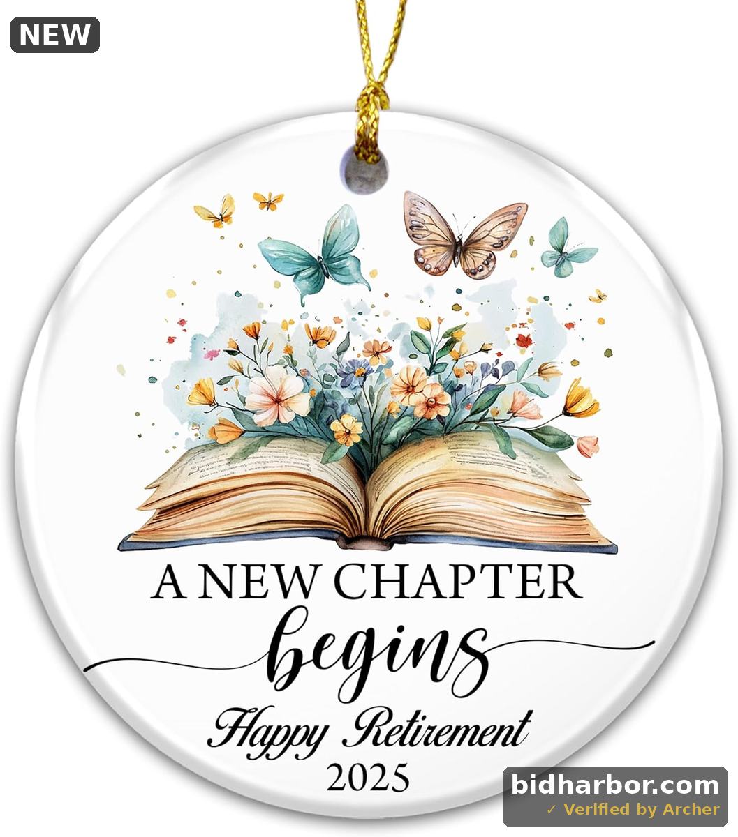 Happy Retirement Ornament 2025 – “A New Chapter Begins” Inspirational Ceramic Ornament with Book, Flowers & Butterflies – Retirement Gift Keepsake for Teachers, Nurses, Coworkers, Bosses & Friends