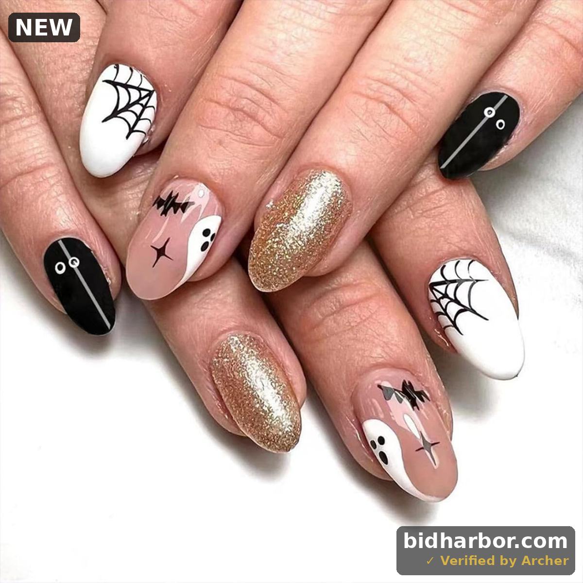 Halloween Press on Nails Short Almond Fake Nails Spiderweb Glue on Nails Bat Ghost Stick on Nail Black White Gold Glitter False Nail Reusable Halloween Nail for Women Girls Manicure 24pcs