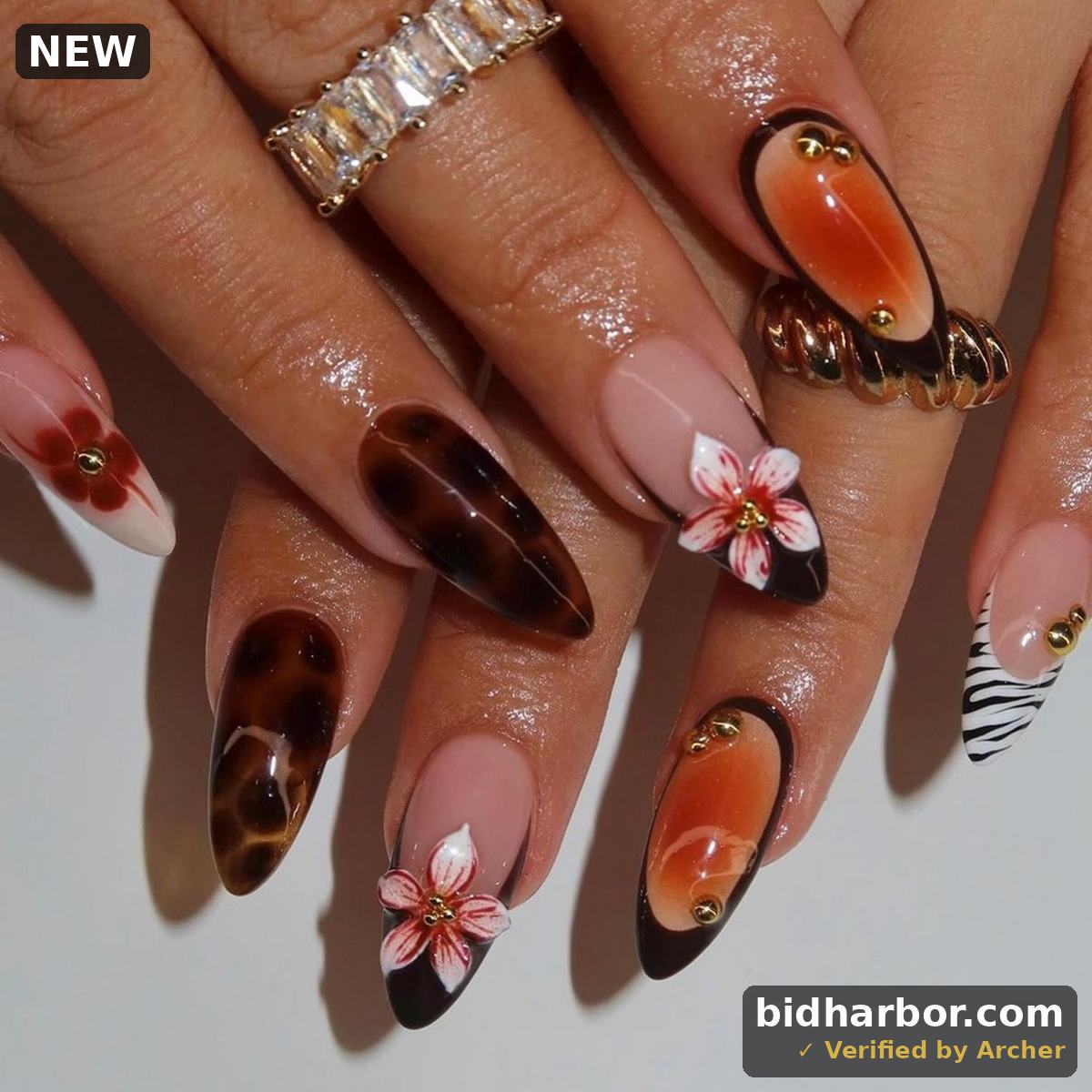 Brown Press on Nail Almond Fake Nails 3d Floral with Leopard Print designs Acrylic Artificial Nail French Tip Press ones Glossy Reusable Fall False Nails for Women Girls Stick on Nails 24pcs