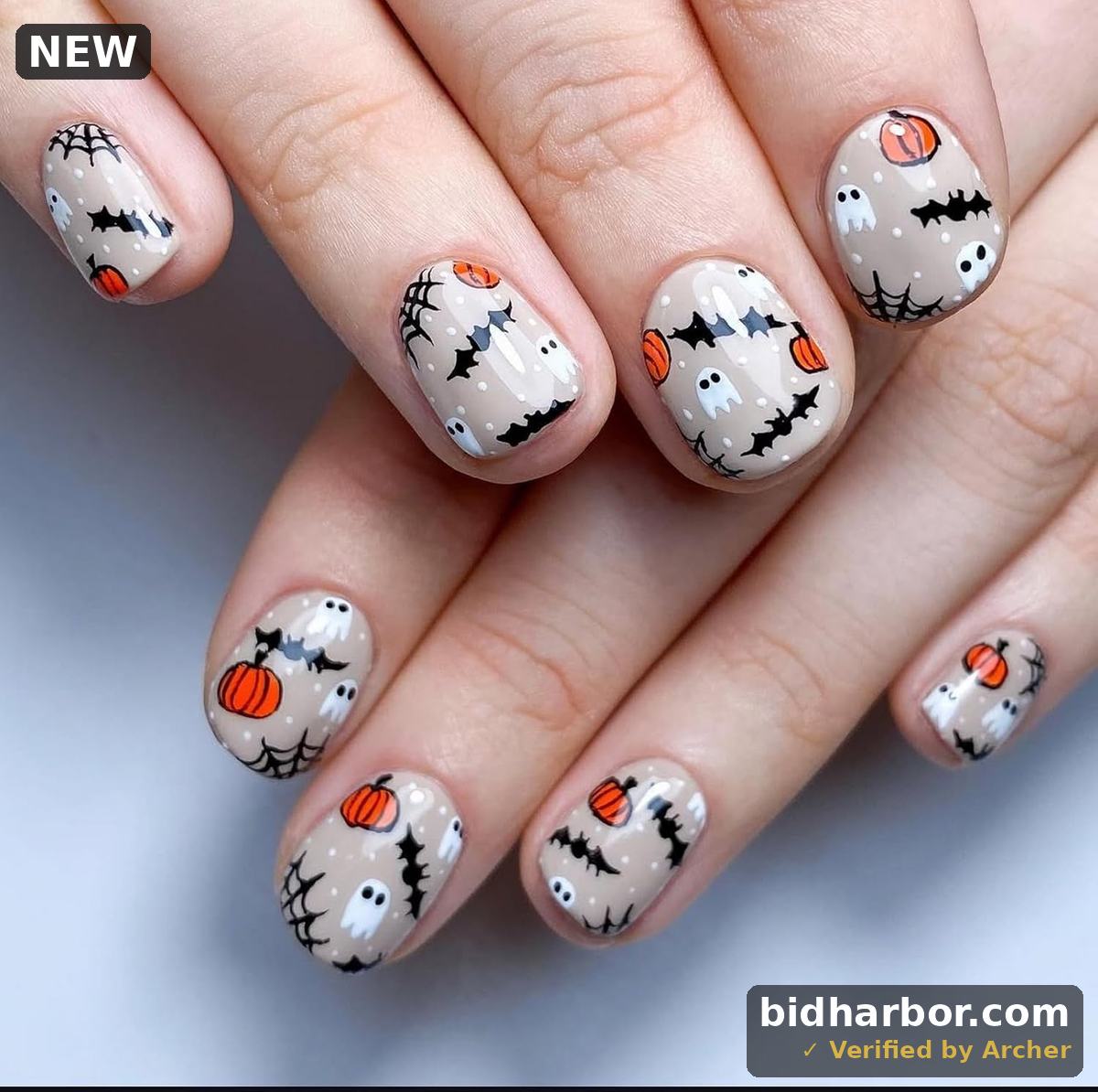 Halloween Press on Nails Short Square Fake Nails Cute False Nails with Spider Web Pumpkin Ghost Polka Dots Designs Full Cover Glossy Glue on Nail Stick on Nail for Women Girls 24Pcs