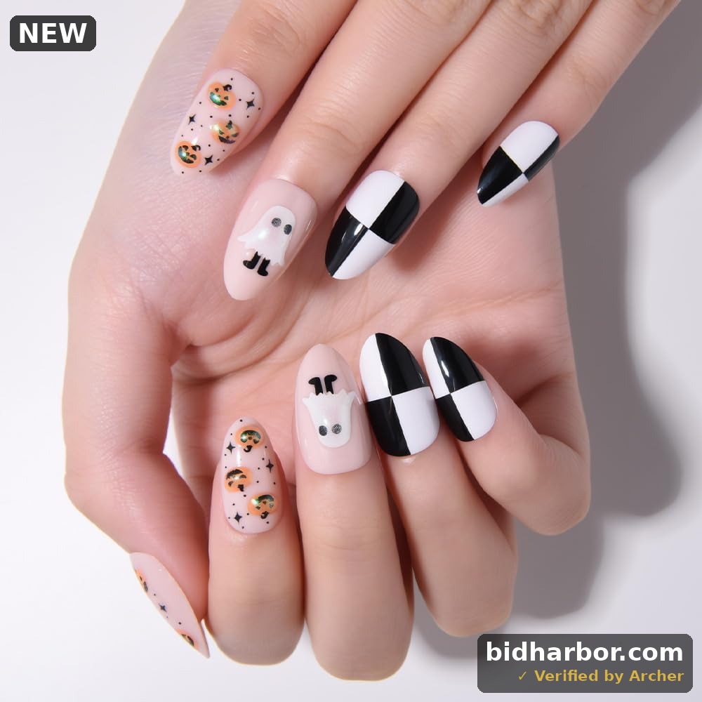 Cute Halloween Press on Nails Short Almond with 3D Ghost Pumpkin Design, Nude Pink Glossy Artificial Acrylic Fake Nails Reusable with Kit, Perfectly Fit Full Cover Stick on False Nail for Women Girl