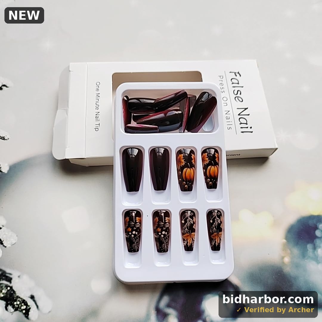 24Pcs Fall Press on Nails Medium Coffin Fake Nails Wine Red Glossy Stick on Nail Halloween Pumpkin False Nails with Autumn Maple Leaves Designs Full Cover Halloween Glue on Nail for Women Girls