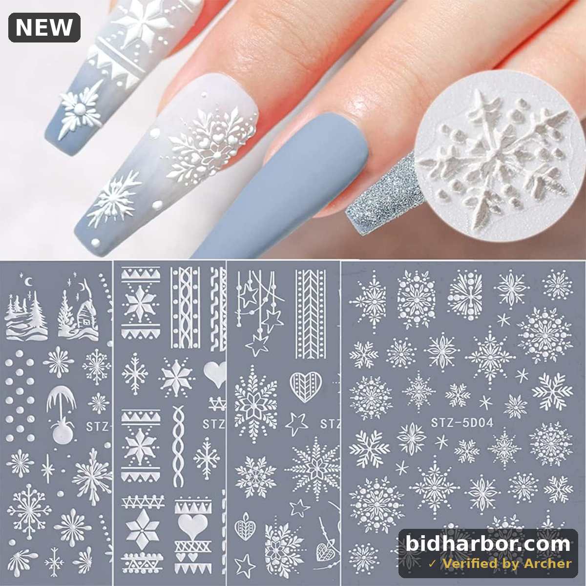 Calcomanías para decoración de uñas de Navidad, 5D, copos de nieve blancos, huecos, exquisitos y lujosos (copos de nieve A)