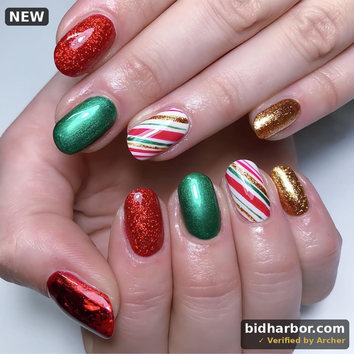 Uñas Postizas Navideñas De Almendra Mediana Con Purpurina Roja Y Dorada, Uñas Verdes Adhesivas Con Rayas Rojas, Verdes Y Doradas, Uñas Postizas Reutilizables Brillantes Para Invierno Y Navidad
