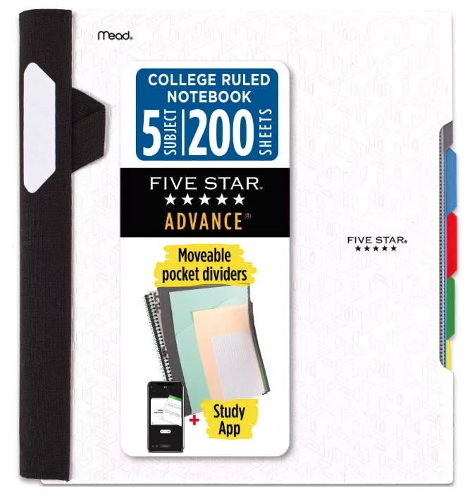 Five Star 300 Sheets 5 Subject College Ruled Spiral Notebook with Pocket Dividers White