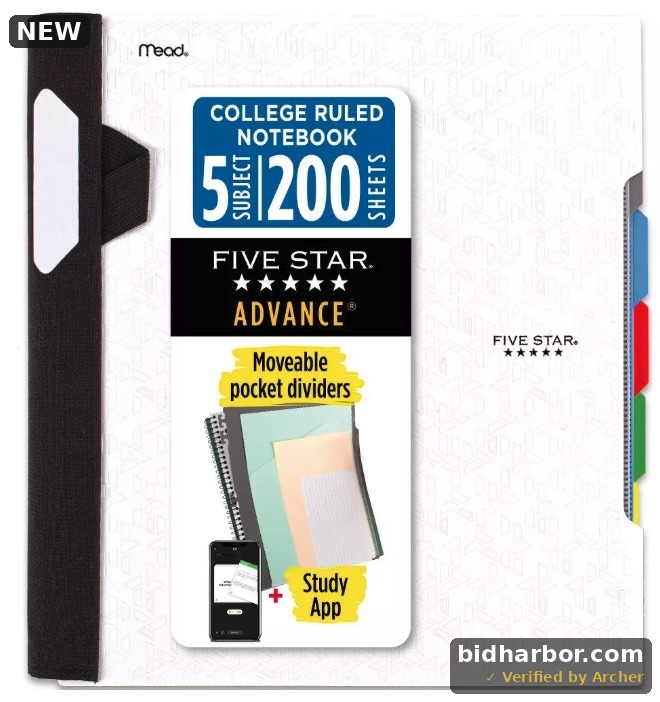 Five Star 300 Sheets 5 Subject College Ruled Spiral Notebook with Pocket Dividers White