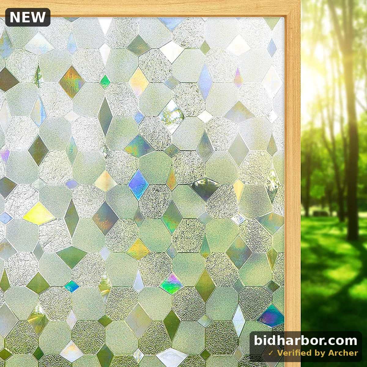 Coavas Stained Glass Window Film: Decorative Privacy Film Frosted Non Adhesive Static Cling Heat Control Sun Blocking UV Window Covering for Home Bathroom Door Car, Rhombus 35.4 x 78.7 Inch