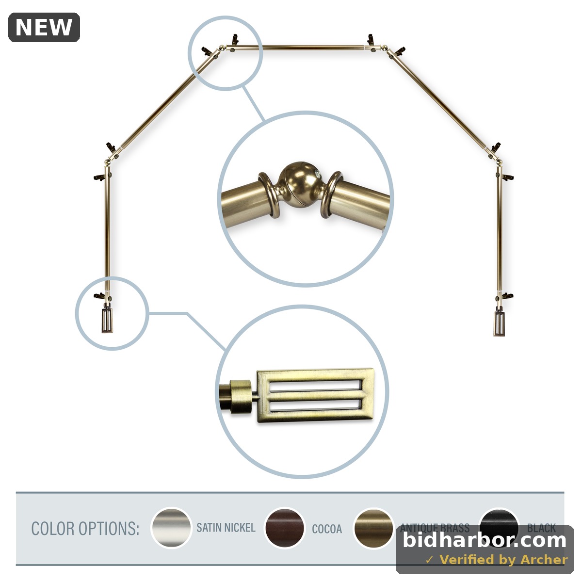 Mabel 13/16  5-Sided Bay Window Curtain Rod - Antique Brass
